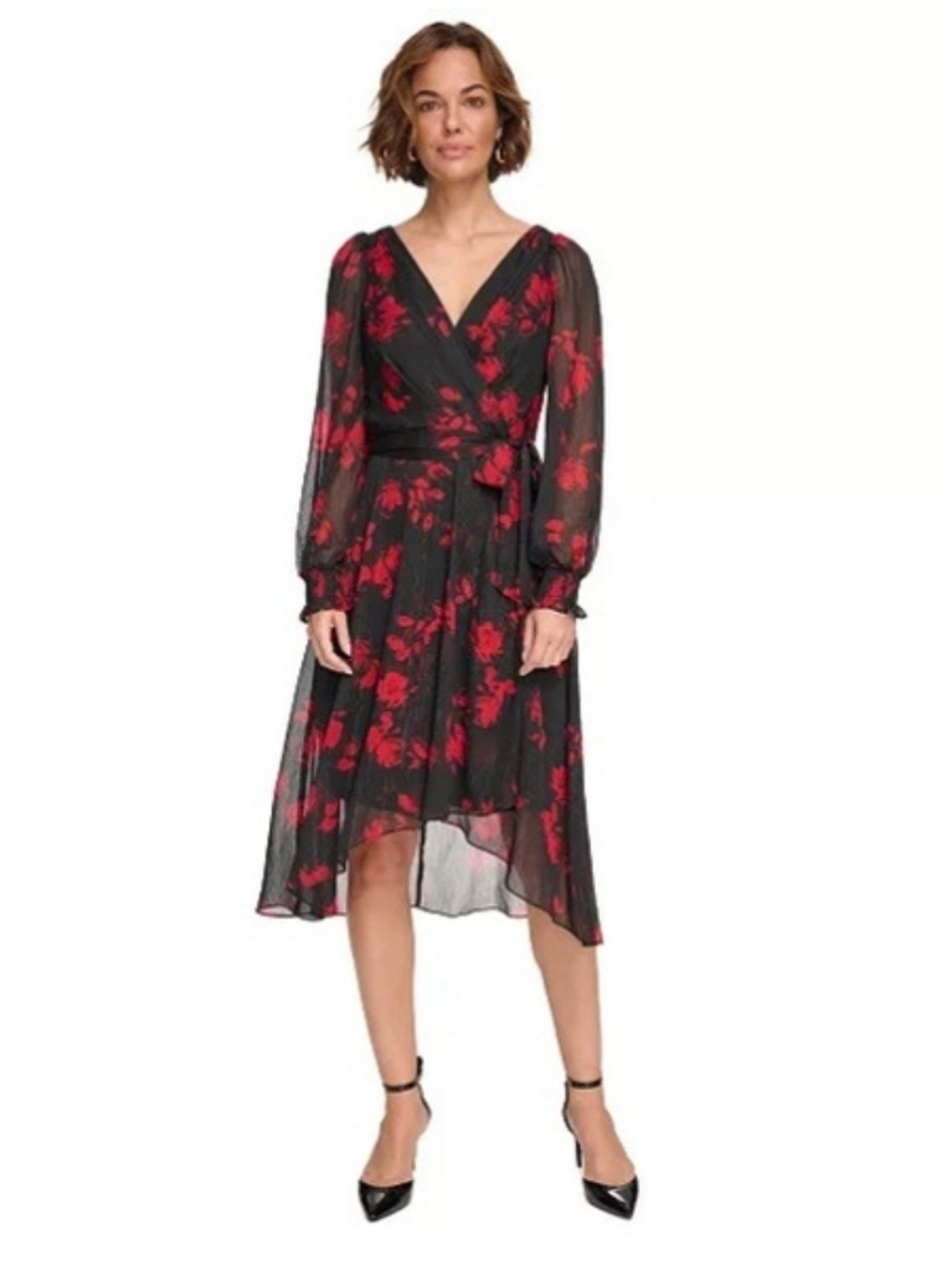 DKNY Floral Chiffon Fit And Flare High Low Metallic Dress Size 14